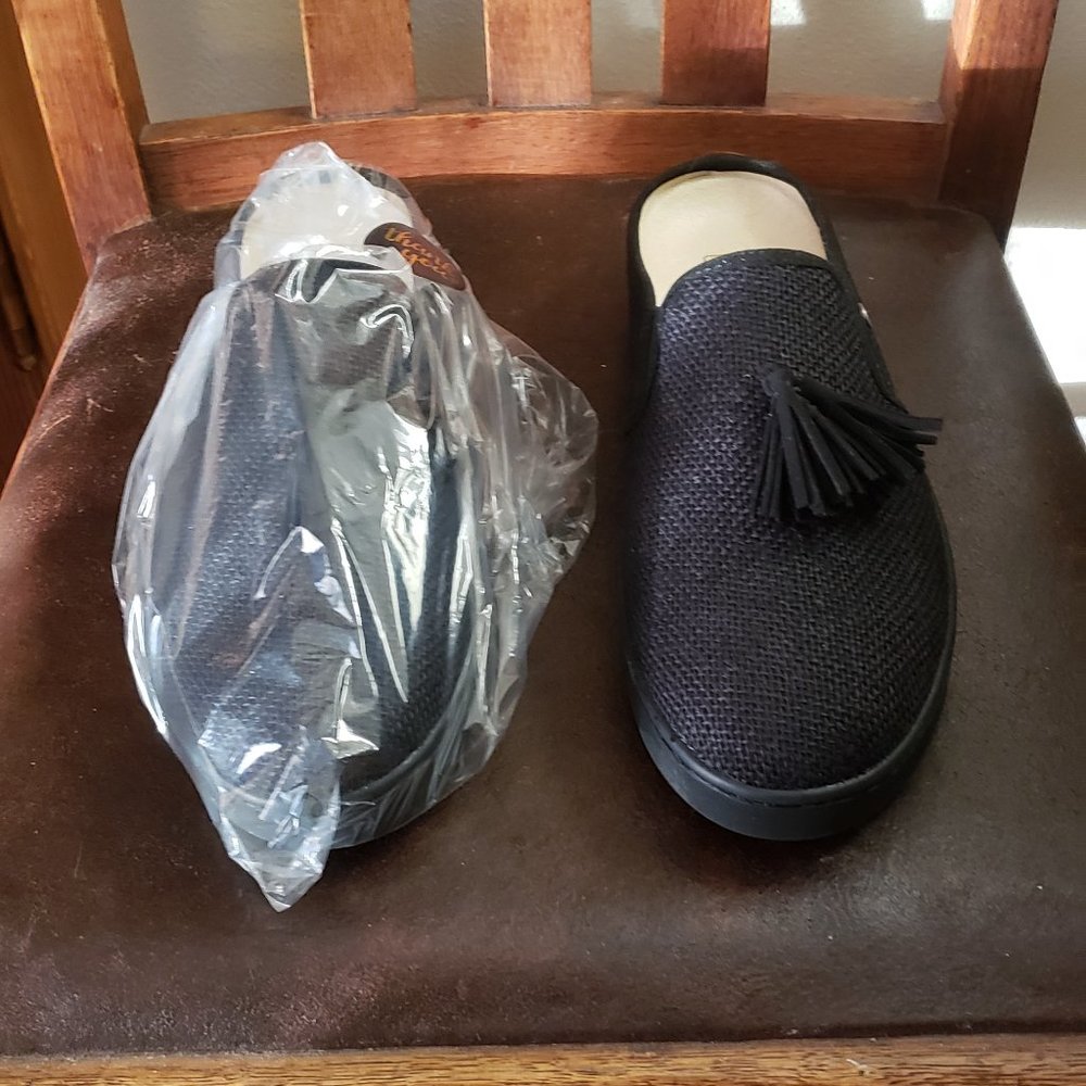 Spenco Black Celine Raffia Tassel Slide On Mules